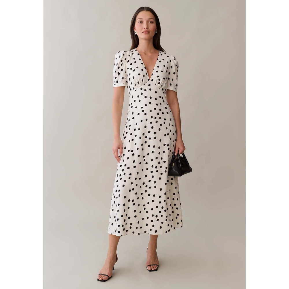 NWT Sorella Alyssa V-Neck Midi Dress in White Polka Dot Print - Size 2